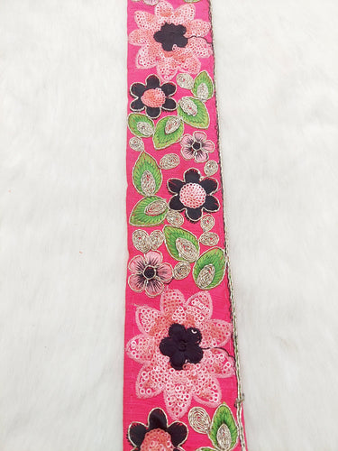 Cerise Pink Silk Fabric Embroidered Trim, Floral Embroidery Indian Sari Border Trim By Yard Decorative Trim Craft Lace, Sequins Trim